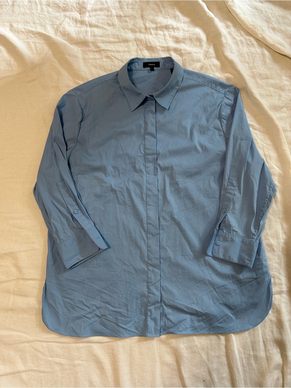 Theory Cornflower Blue Button-Up Crop Sleeve Shirt